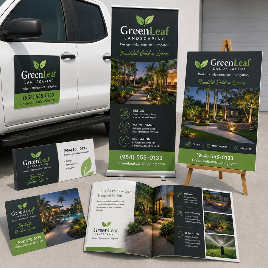 Complete branded print package: banner stand, easel sign, brochure, business cards and vehicle magnet