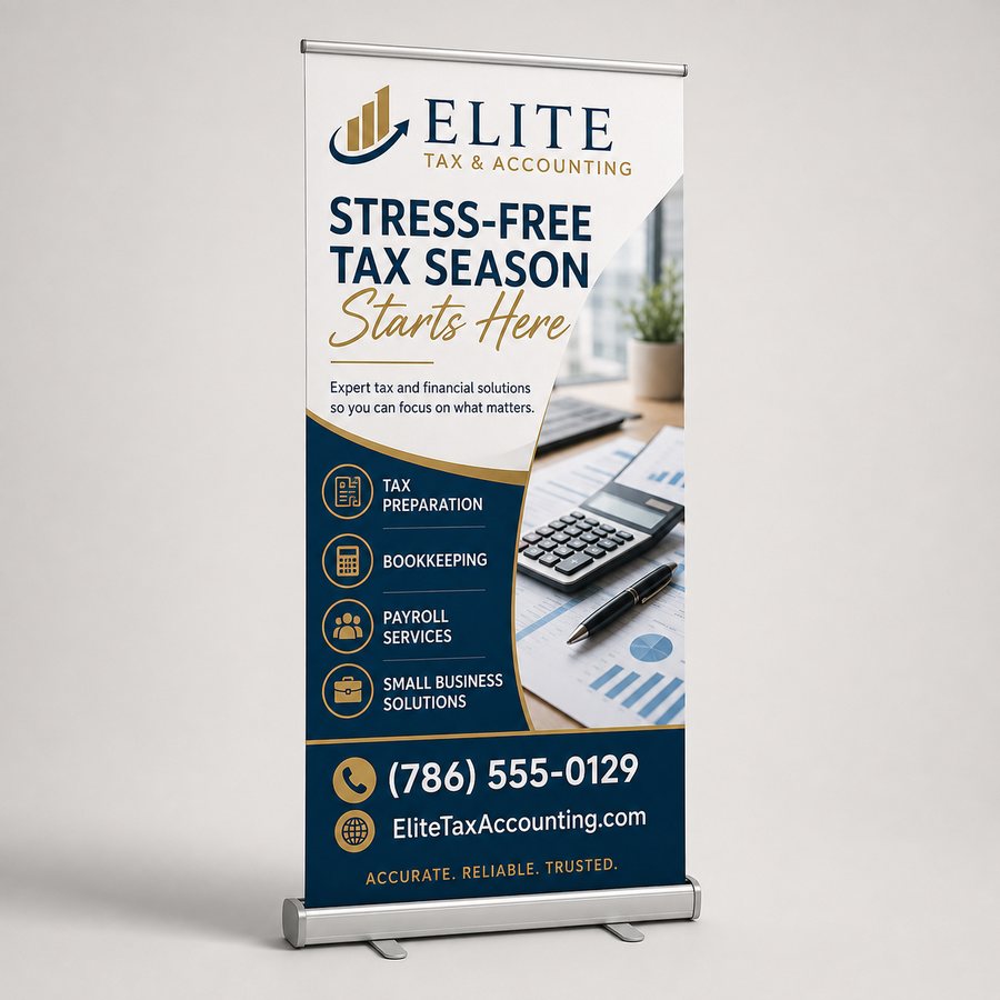 Retractable roll-up banner stand with a full-height branded graphic