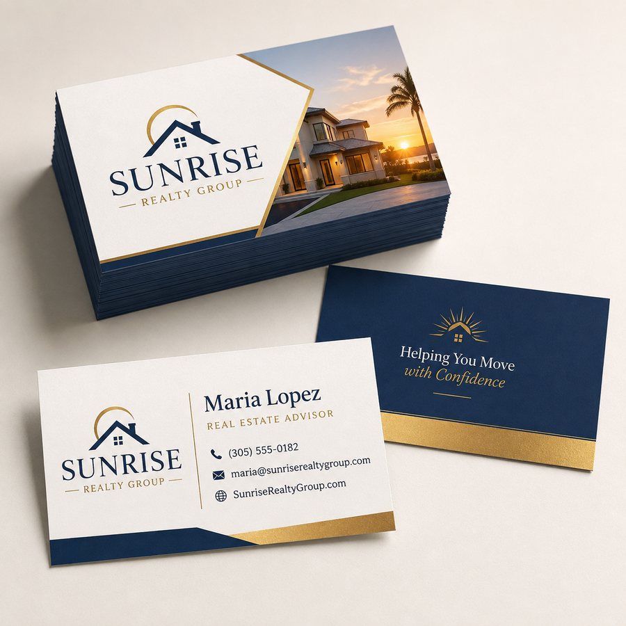 Stack of premium double-sided business cards with navy and gold foil accents