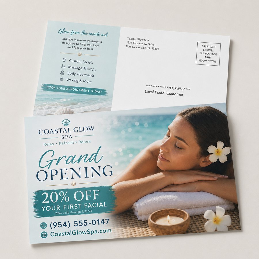 Full-color direct-mail postcards printed front and back